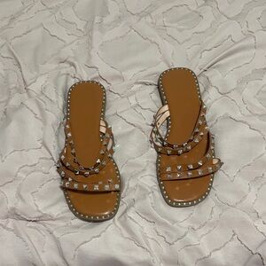 Tan Studded Women's Slip-On Sandals